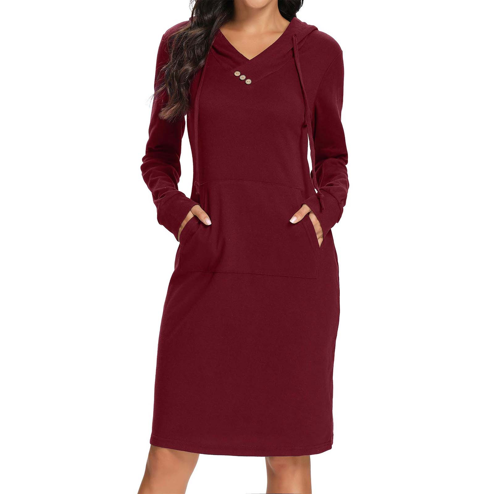 thumbnail image 2 of Vestido de manga larga con capucha y bolsillos para mujer, corte ajustado, estilo informal, 2 of 5